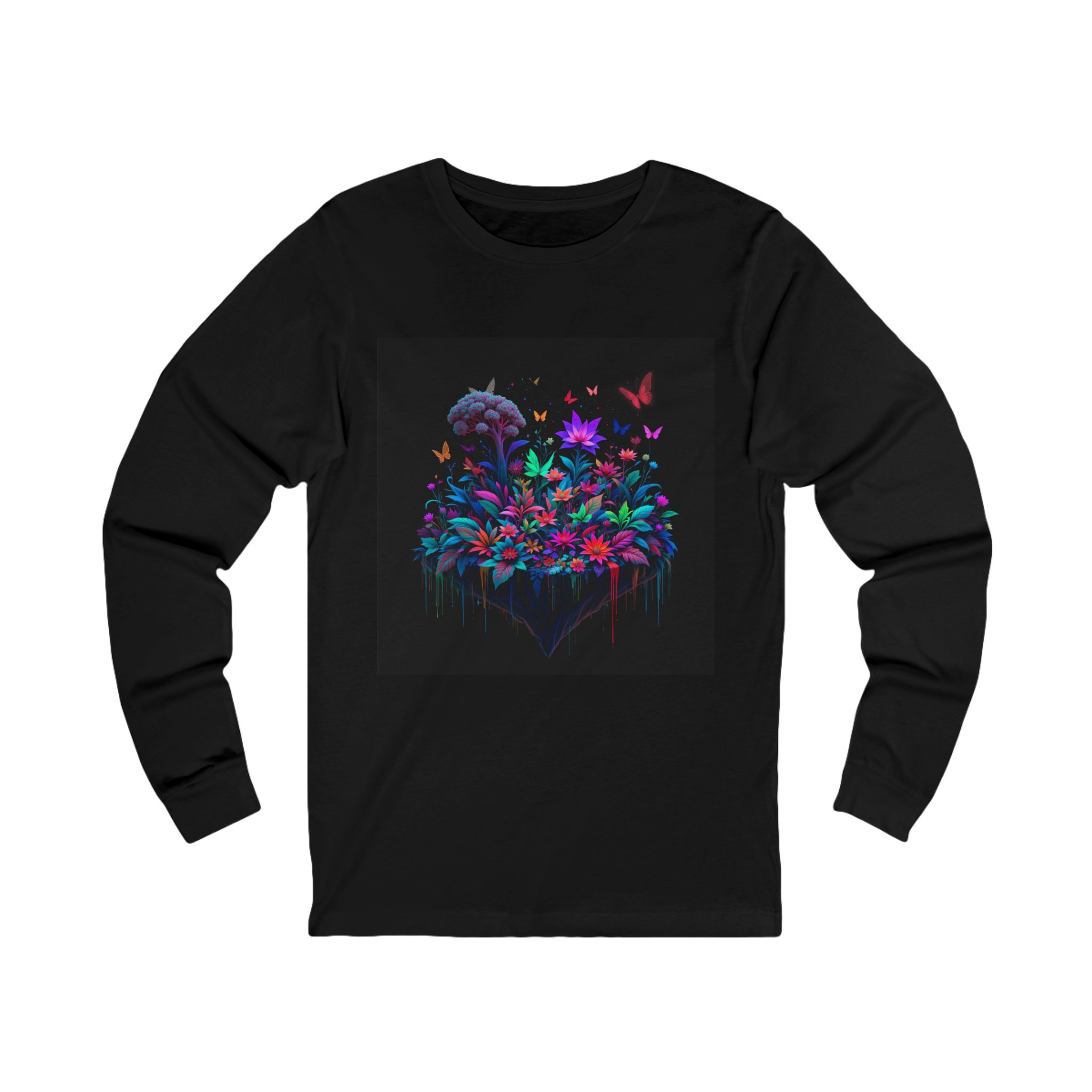 Fluorescent Heart Bouquet Long Sleeve Tee — Neon Flowers & Butterflies Abstract