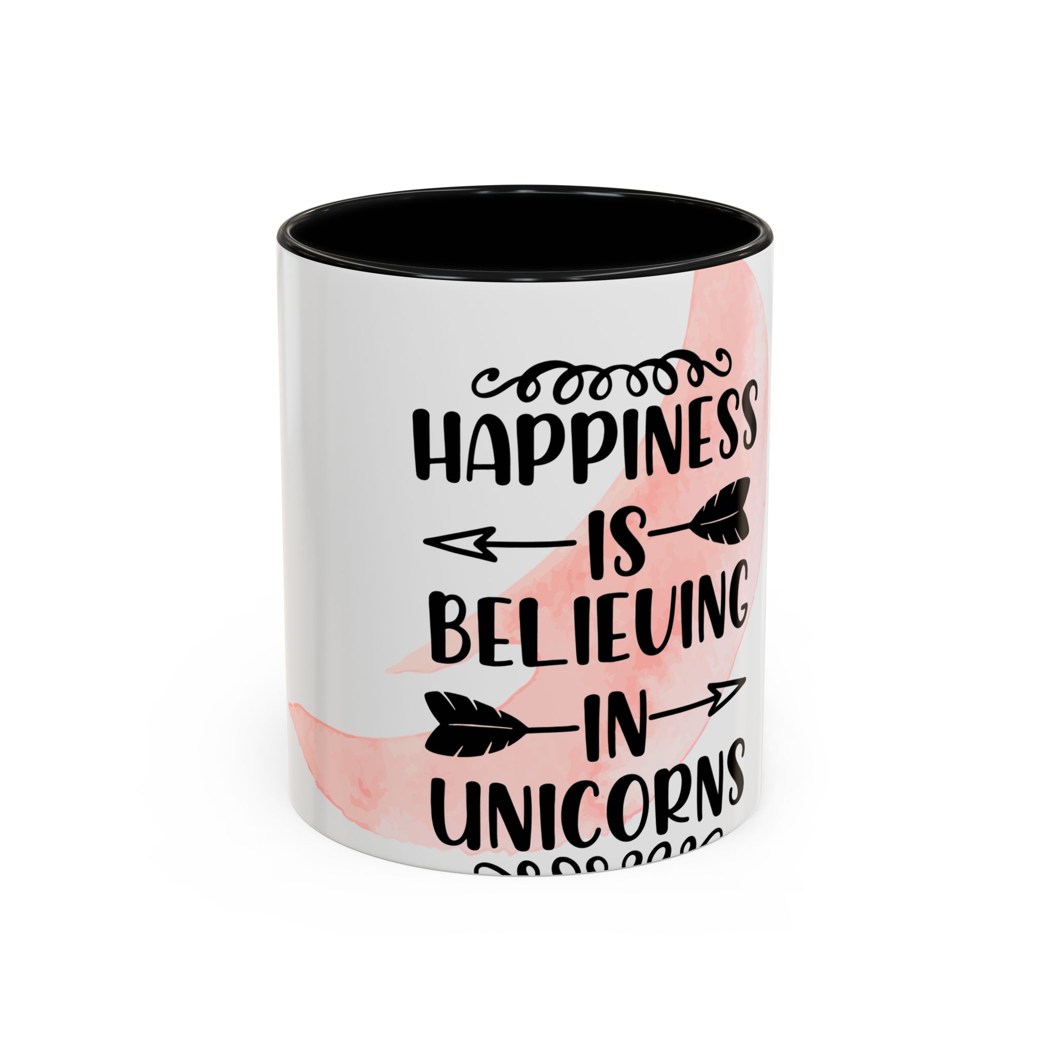 Happiness Is Believing in Unicorns Accent Coffee Mug – Cute Pink Watercolor Quote (11/15oz)