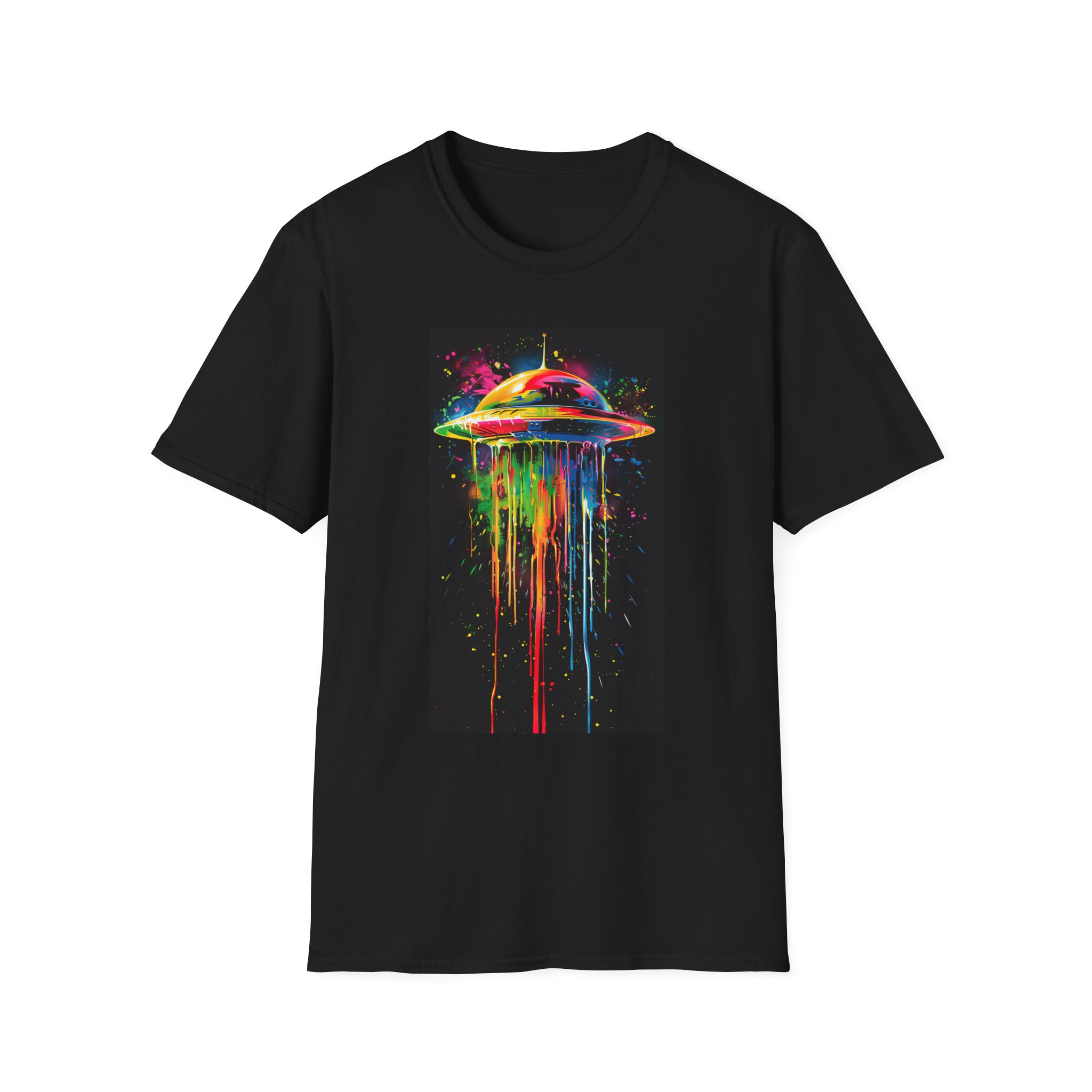 Abstract Colorful UFO Drip T-Shirt — Neon Alien Spacecraft Graphic Tee