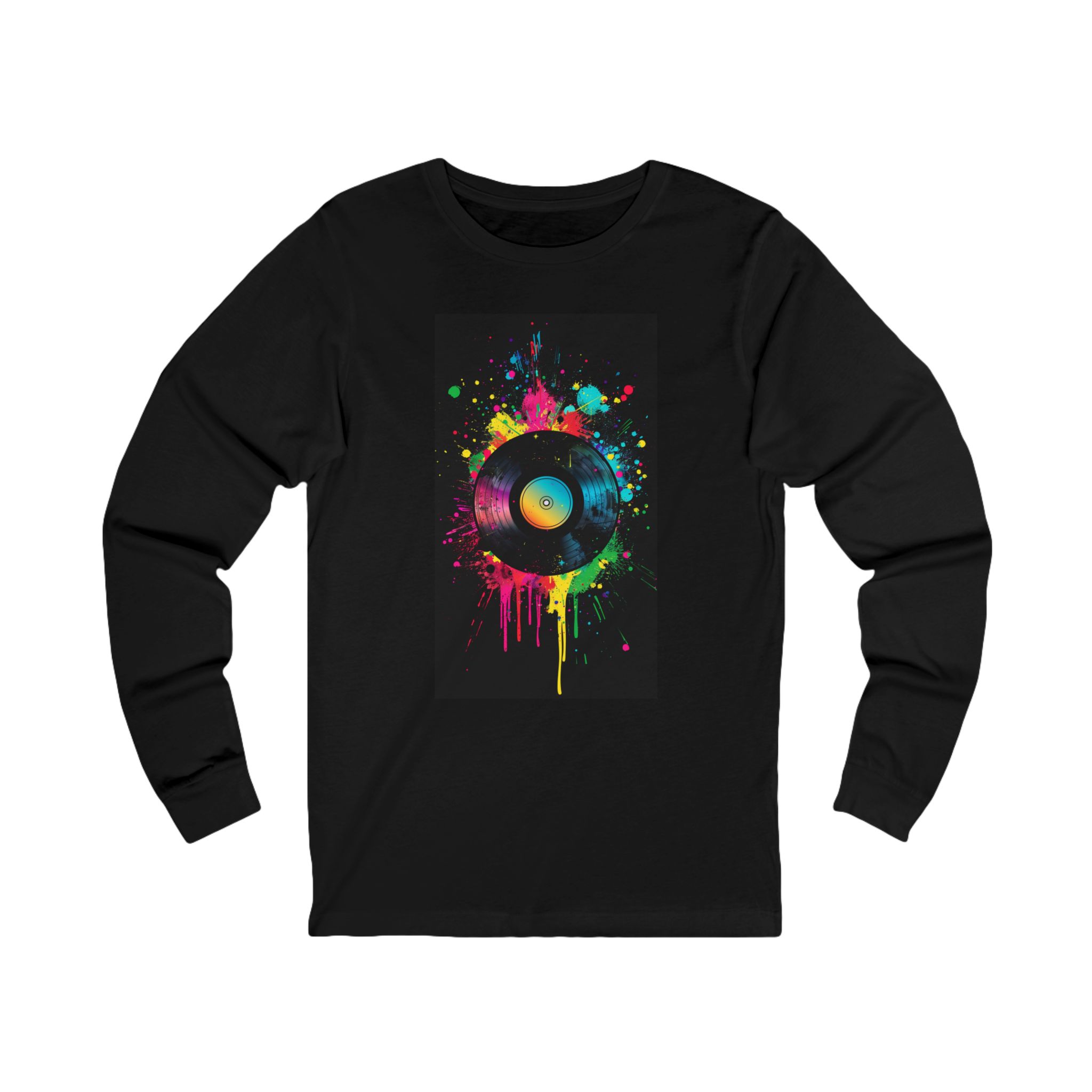 Abstract Retro Vinyl Record Long Sleeve Tee — Colorful Drip Music Graphic