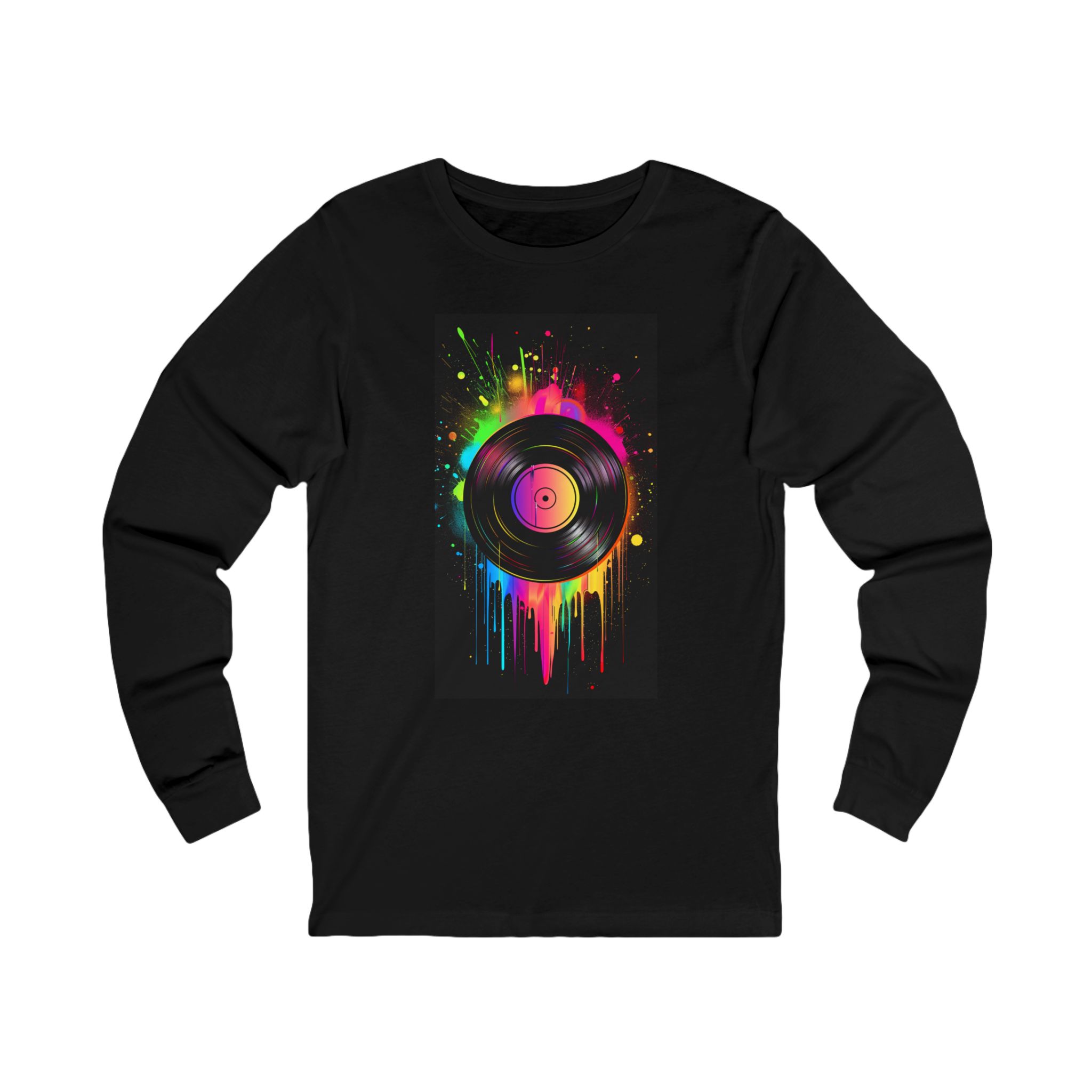 Abstract Retro Vinyl Record Long Sleeve Tee — Colorful Music Drip Graphic