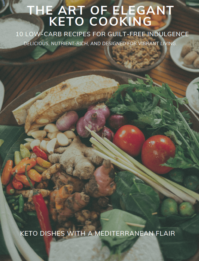 The Art of Elegant Keto Cooking book cover by Kandace Blevin, featuring a styled spread of fresh ingredients and plated keto dishes