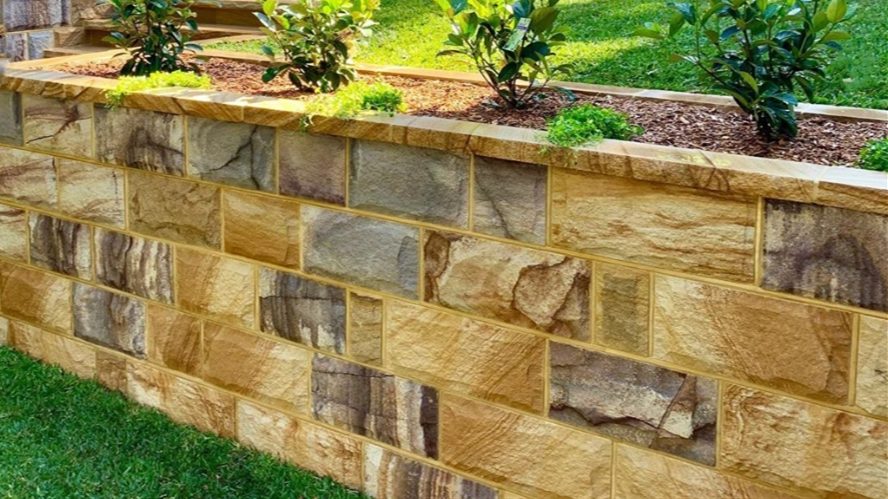 split blocks flower box. Natural stone for garden design