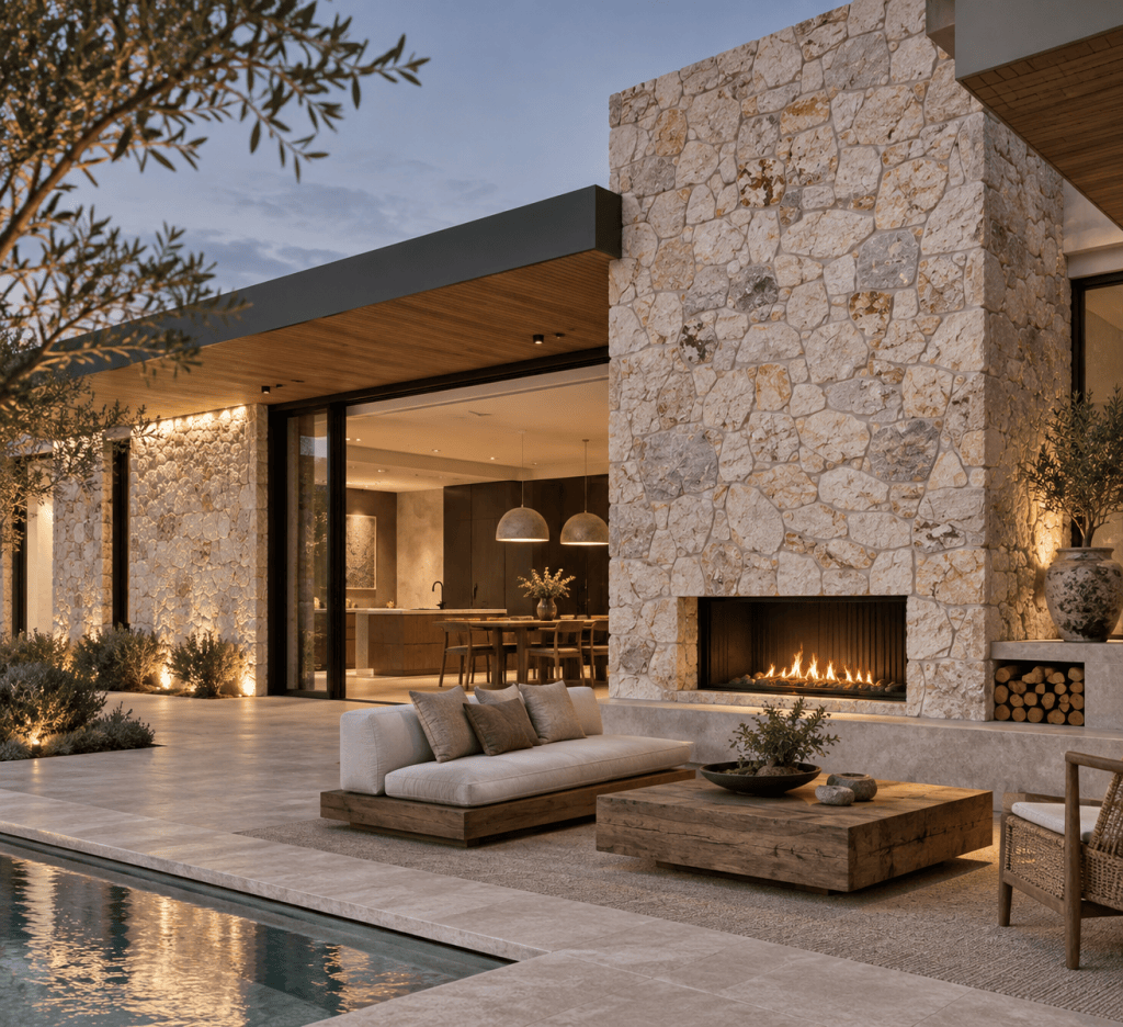 Irregular Balgo Stone cladding exterior fireplace
