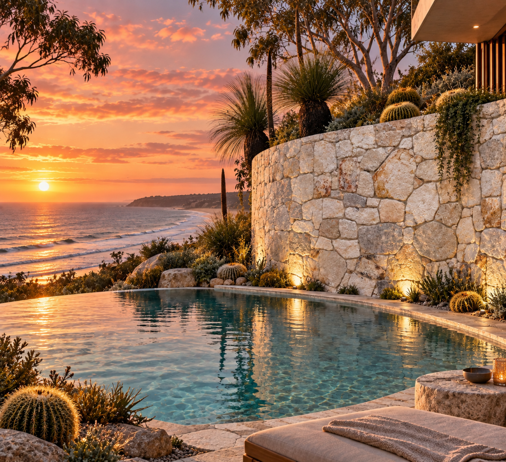 Irregular Balgo Stone cladding pool featured wall