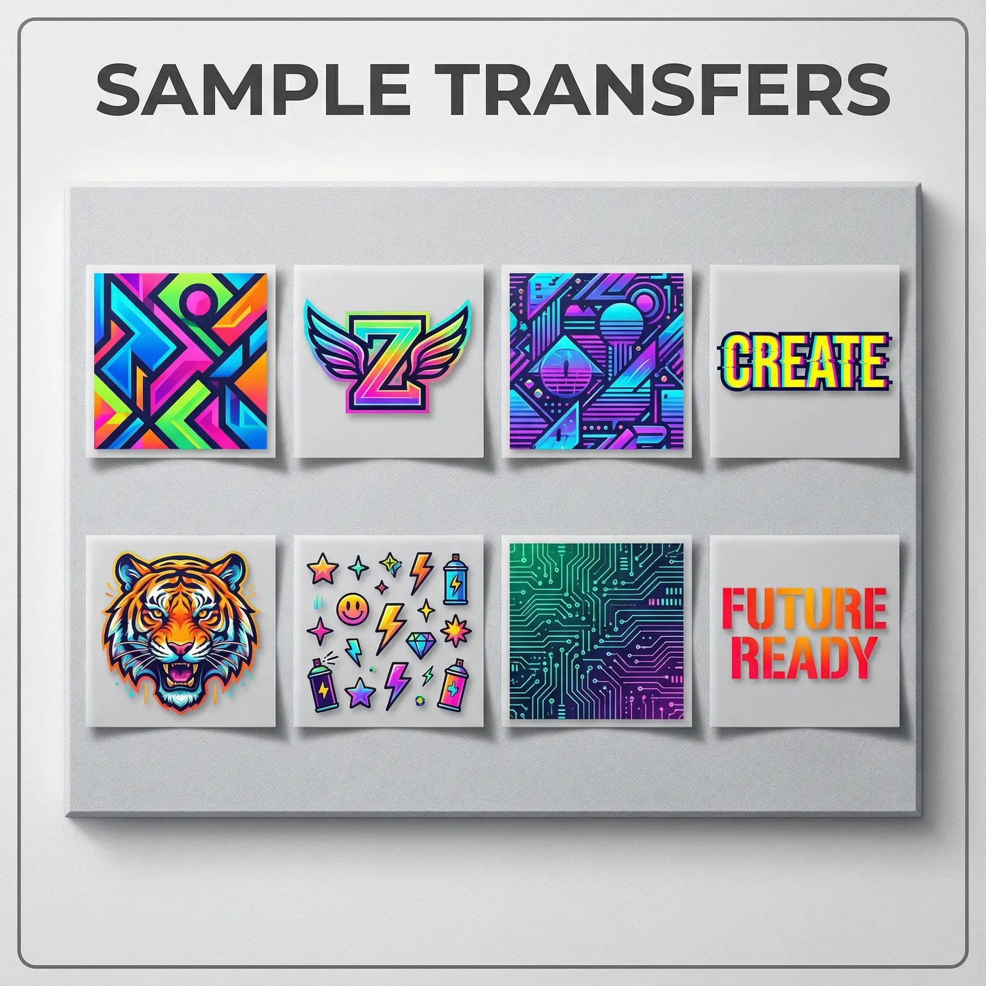 Display of sample DTF transfers featuring colorful graphic designs, logos, illustrations, and typography.