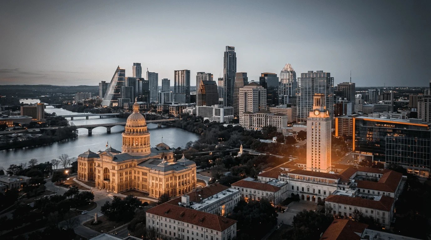DTF transfers near Austin with downtown Austin skyline and Texas State Capitol