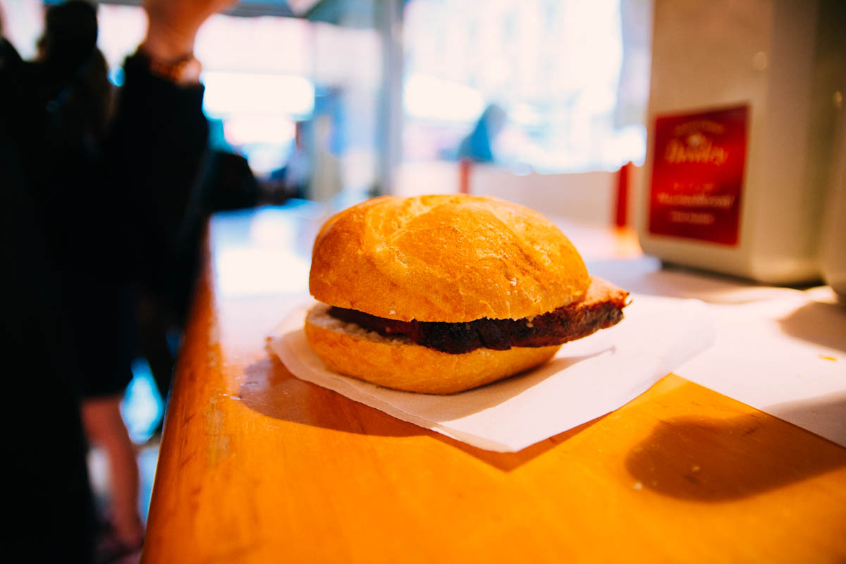 Leberkäs, "liver cheese" neither liver nor cheese, just frankfurt material in loaf form.