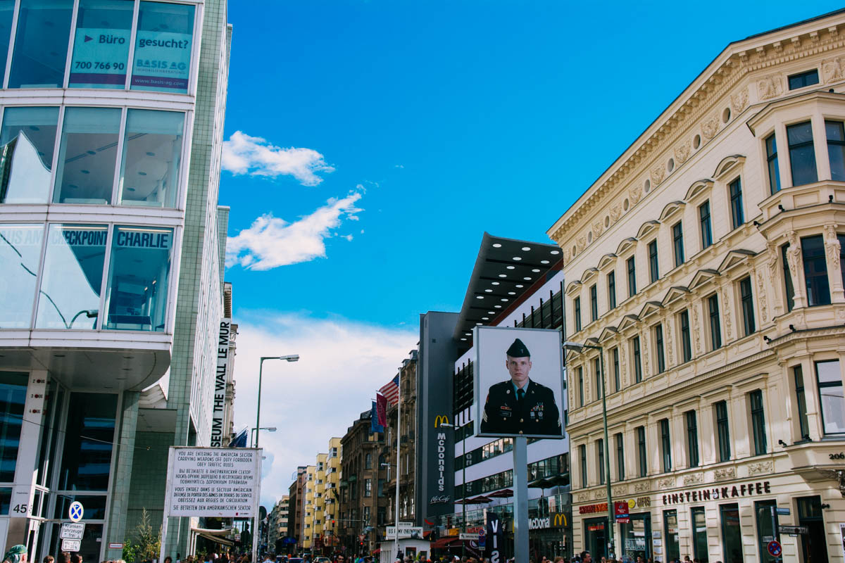 Checkpoint Charlie and the photo of a US soldier stationed there