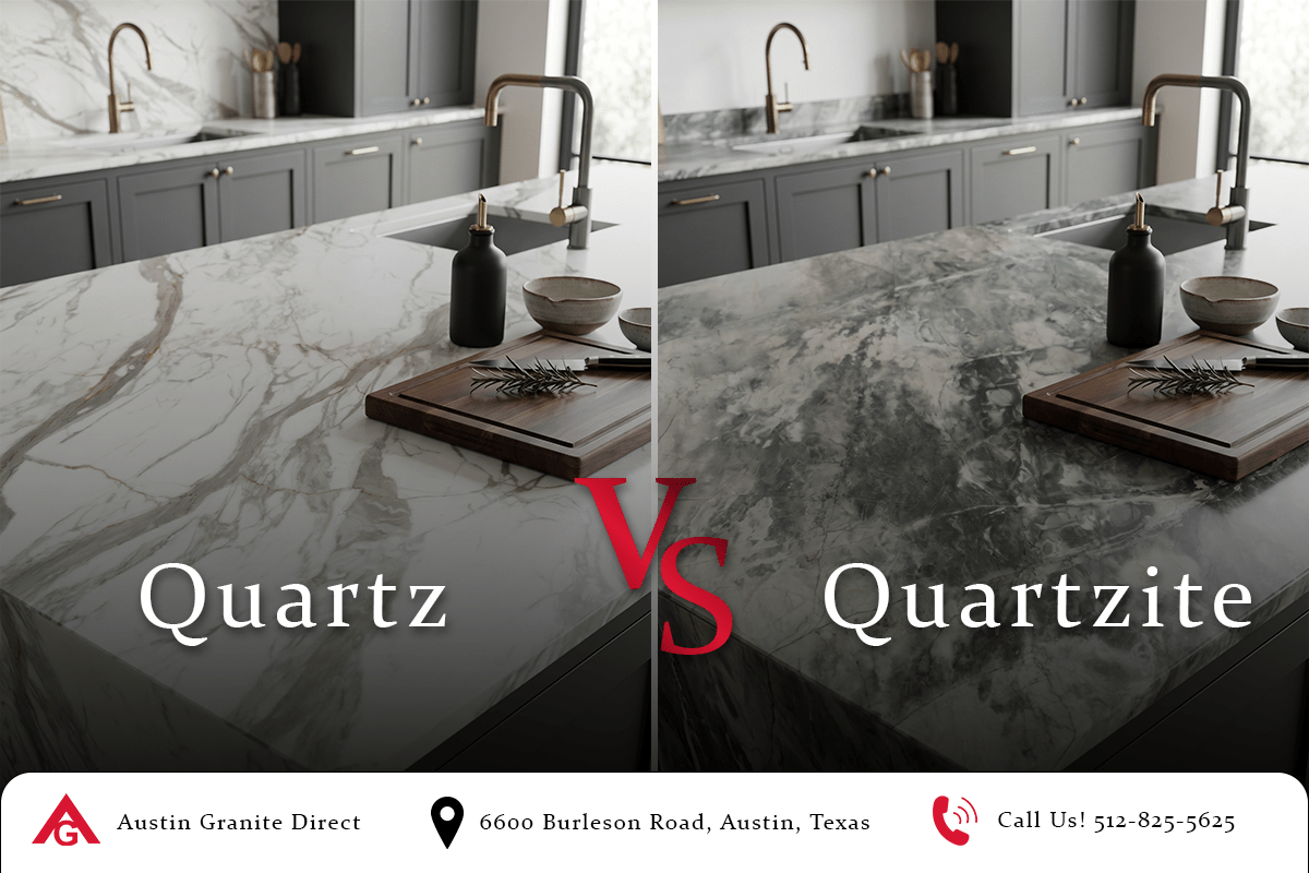 Split-screen kitchen countertop comparison showing light veined quartz on the left labeled 'Quartz' and dark green-toned stone on the right labeled 'Quartzite,' with Austin Granite Direct contact info below.