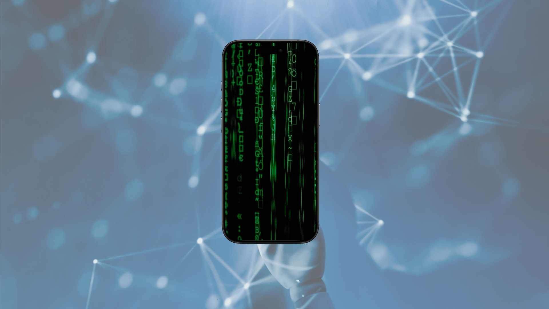 computer code on iPhone 16 against AI inspired background