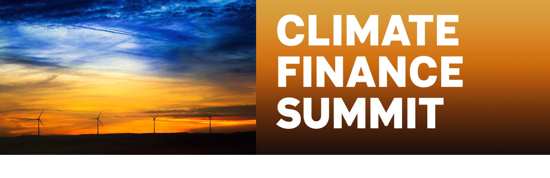 Email banner displaying a sunset sky that reads Climate Finance Summit
