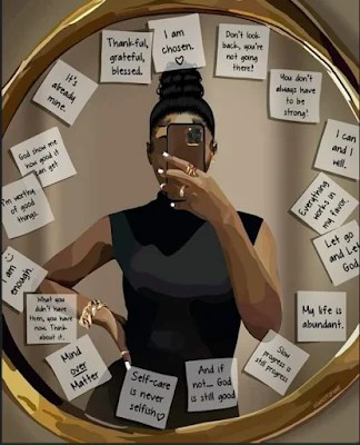 Black woman taking a mirror selfie surrounded by affirmations written on sticky notes