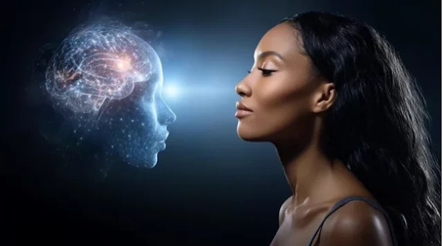 Black woman facing a glowing digital brain, symbolizing mindset shifts, self-awareness, and personal growth through mental transformation