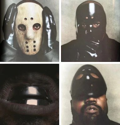 Collage of Kanye West four masked men in dark hoods and face coverings, evoking a mysterious or intimidating vibe.