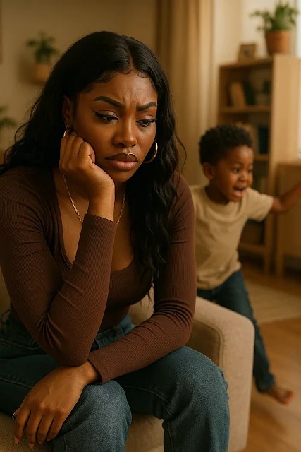 Upset Black woman sitting on a couch with her partner arguing in the background, highlighting relationship tension and emotional distress.