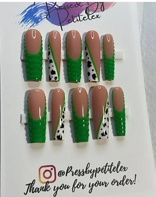 Green and nude press-on nails with rhinestone accents displayed on a card labeled @Pressedbypetitelex