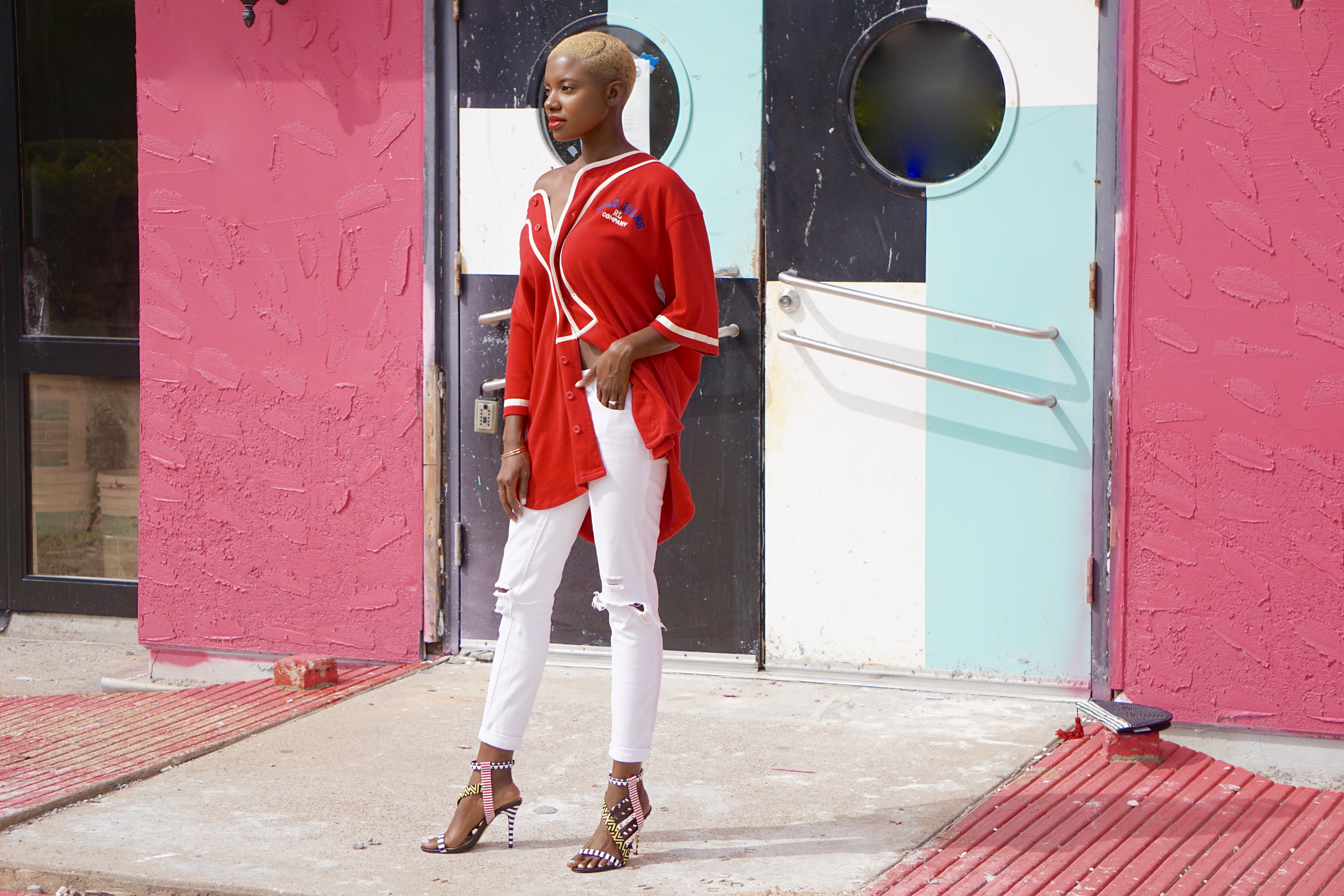 Sporty look, oversized top, polo sport, vintage sports wear, blonde buzz cut, blonde twa, blonde black girls