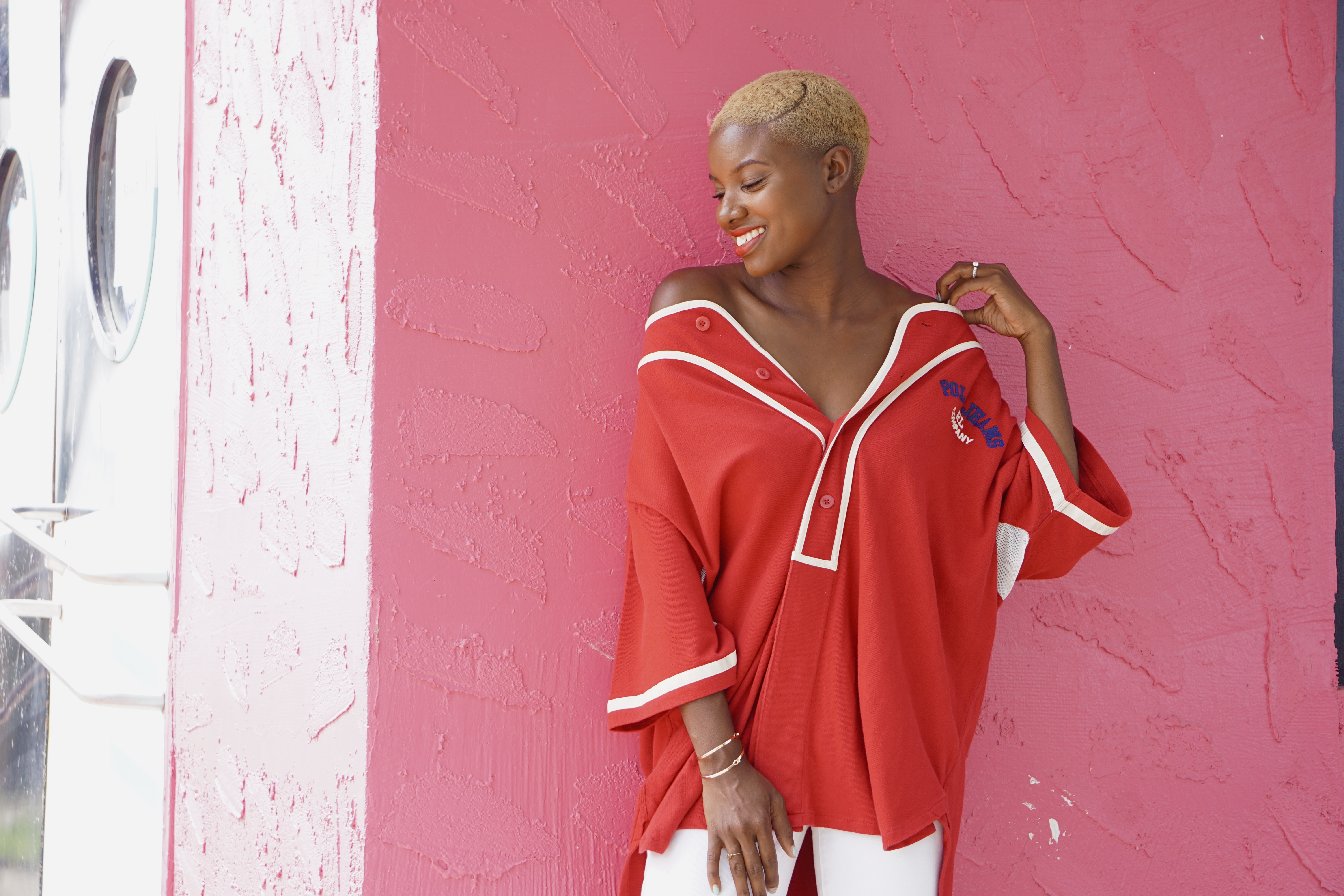 Sporty look, oversized top, polo sport, vintage sports wear, blonde buzz cut, blonde twa, blonde black girls