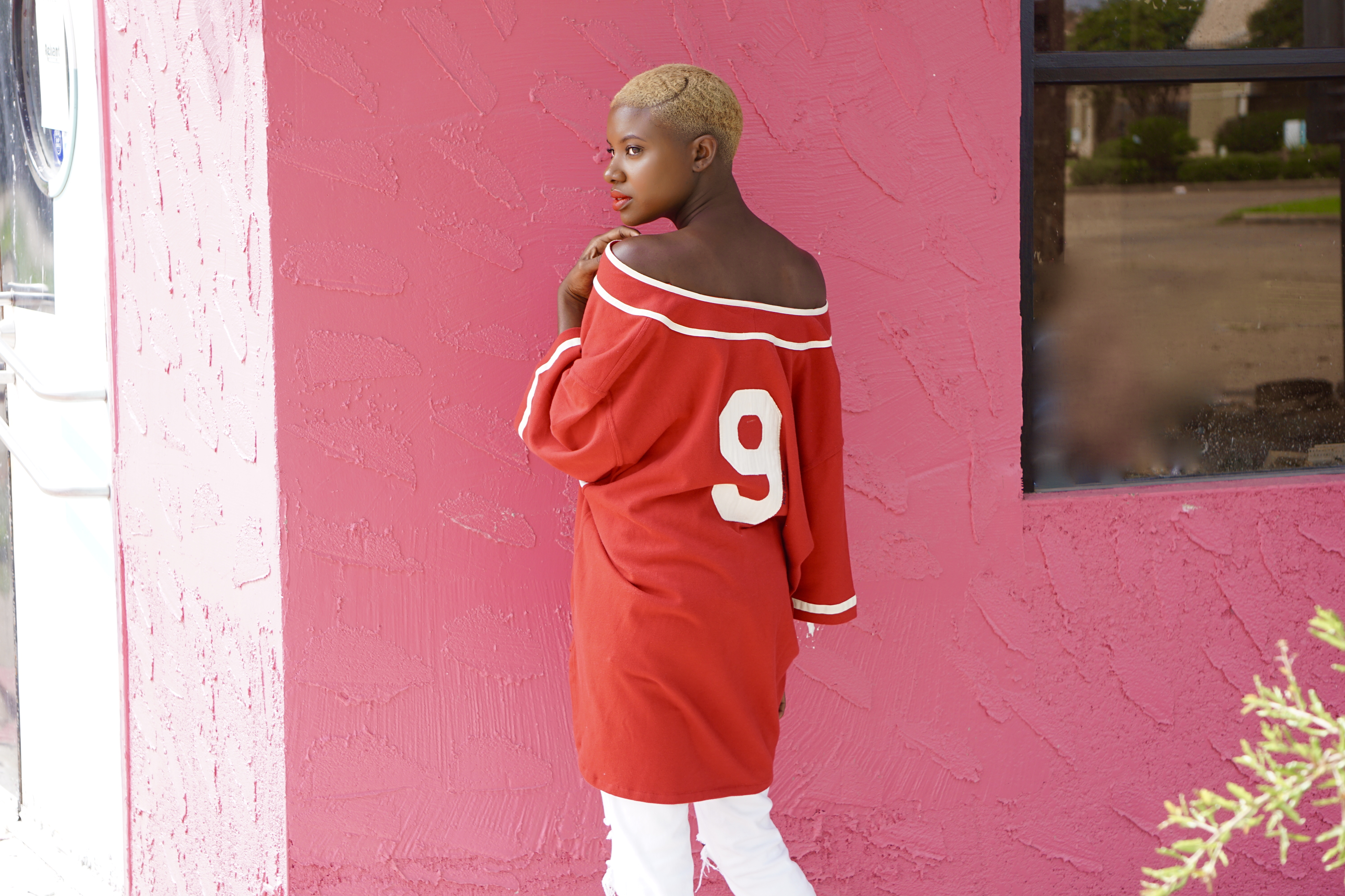 Sporty look, oversized top, polo sport, vintage sports wear, blonde buzz cut, blonde twa, blonde black girls