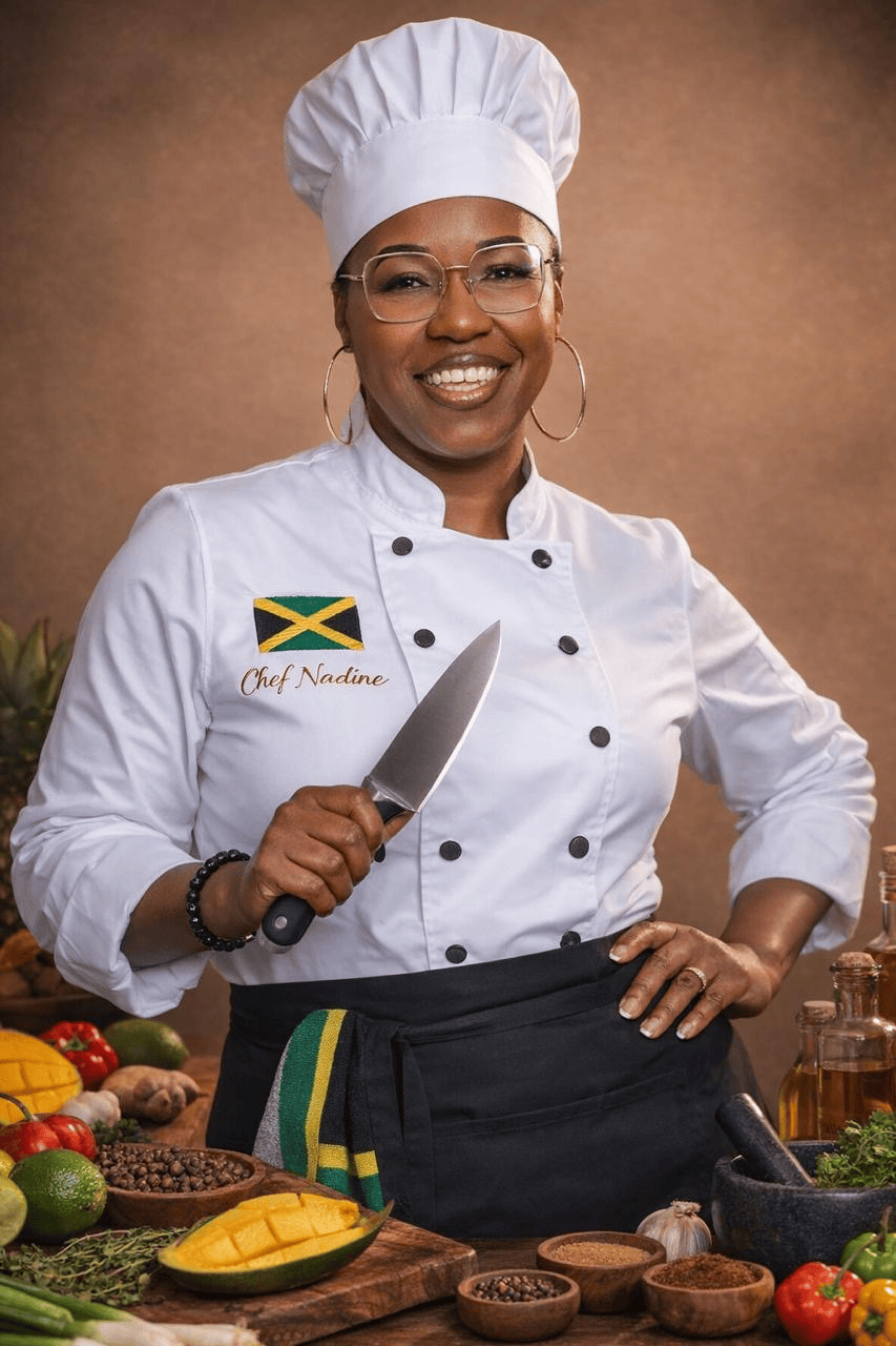 Chef Nadine smiling in her chef uniform with Jamaican colors and fresh ingredients.