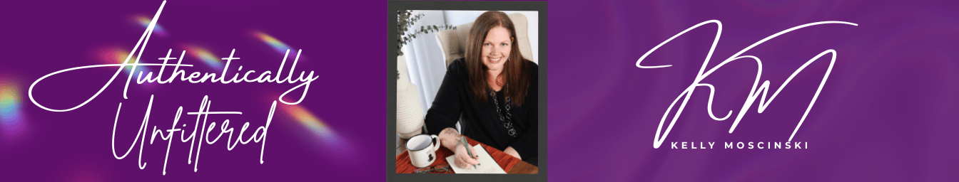 Authentically Unfiltered by Kelly Moscinski logo in white on a purple background