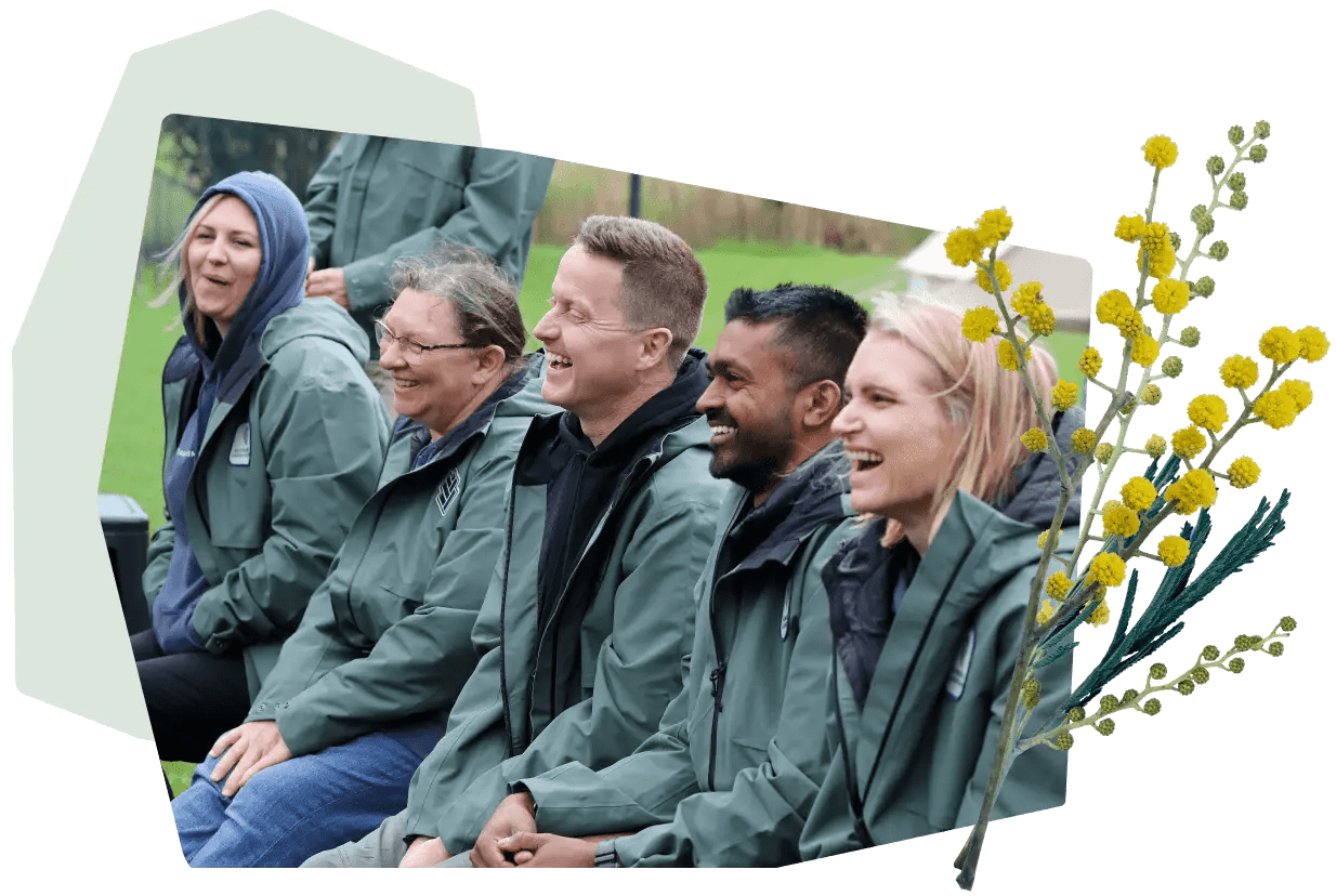 Collage - Team sitting down together while laughing with wattle branch over the top.