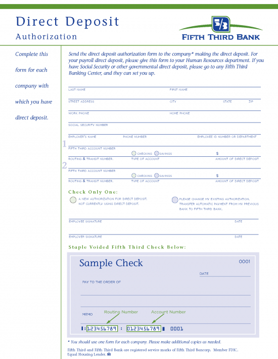 free fifth third 5 3 bank direct deposit authorization form pdf