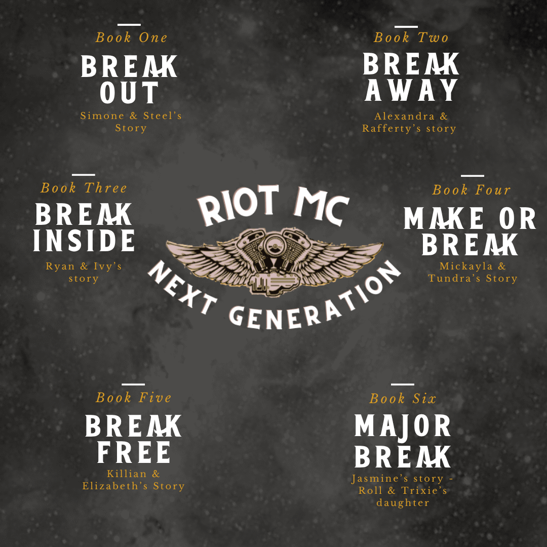 Riot MC Next Generation logo in middle of a blackboard background with the series titles surrounding it. Series title text reads: Book One: Break Out Simone & Steel's Story; Book Two Break Away Rafferty & Alexandra's story; Book Three Break Inside Ryan & Ivy's Story; Book Four Make or Break, Mickayla and Tundra's story; Book Five Break Free Killian & Elizabeth's story; Book Six Major Break Jasmine's Story, Trixie & Roll's daughter