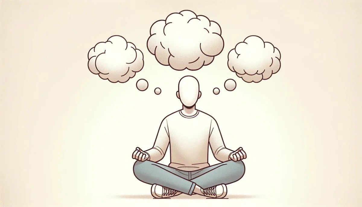 Man with thought bubbles around him as he meditates