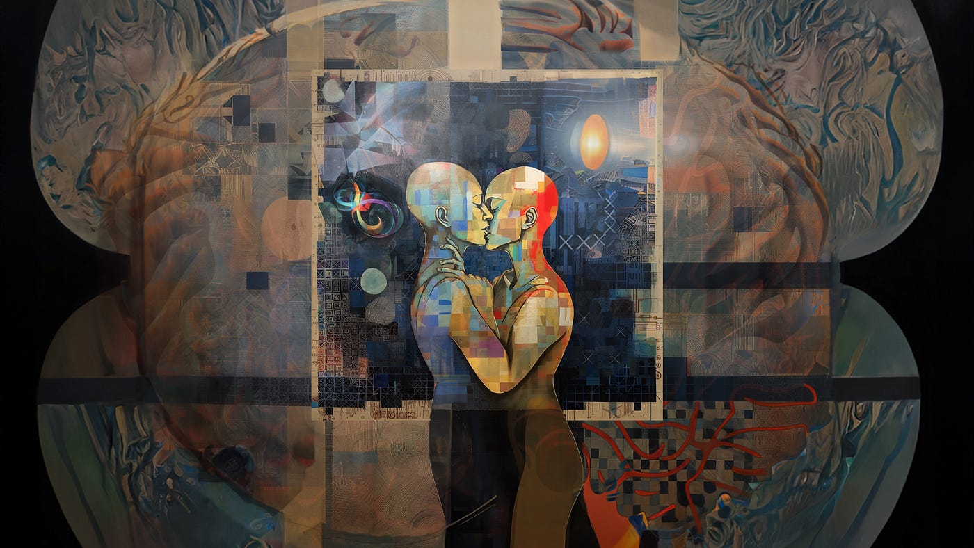 Detail from “Neurodivergent Kiss,” original digital illustration by author. A non-gendered, indeterminate-race, humanoid couple kisses in the center of a surreal cubist tableau with elements of brain hemispheres, stars, and other icons of power, genius, difference, and love.