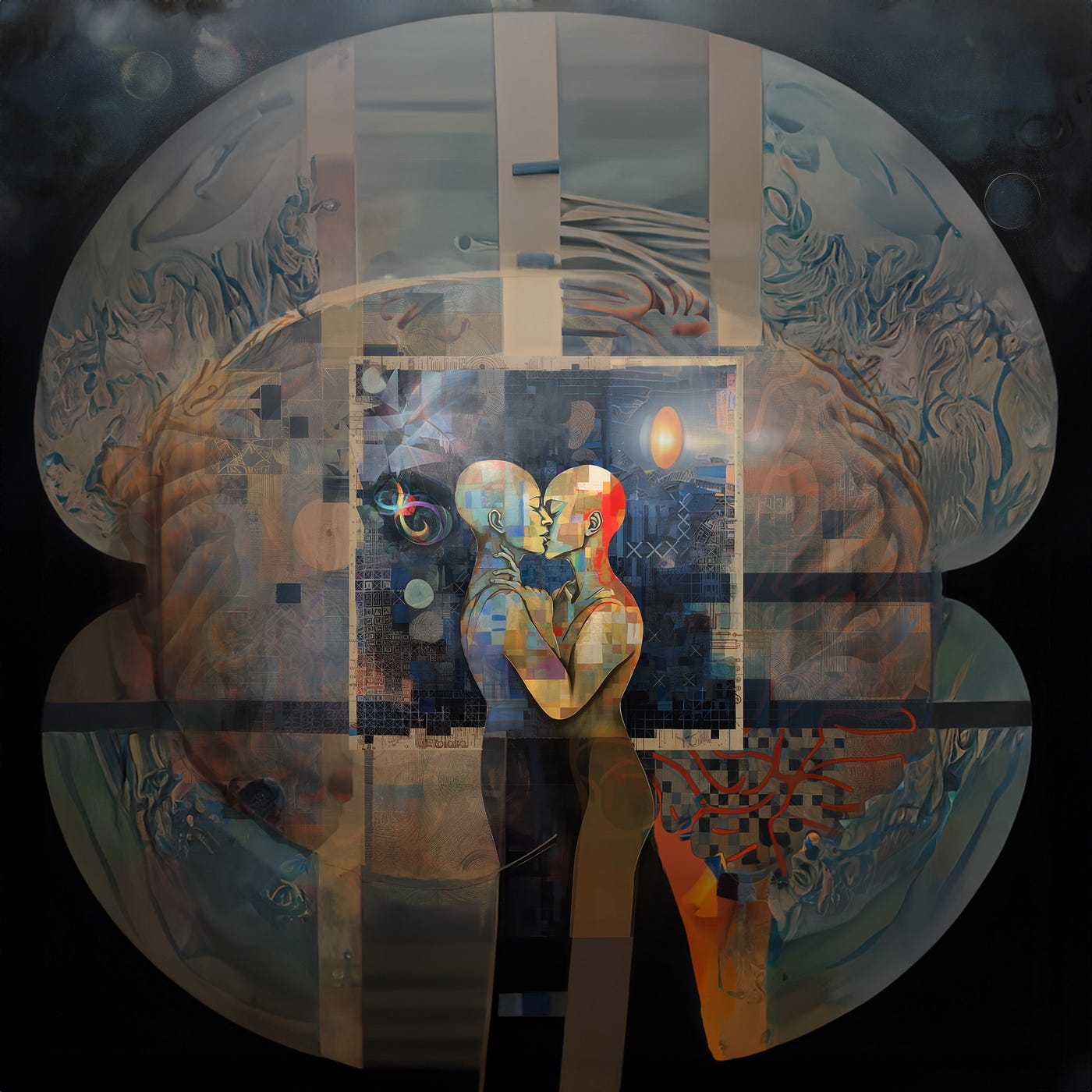 “Neurodivergent Kiss,” original digital illustration by author. A non-gendered, indeterminate-race, humanoid couple kisses in the center of a surreal cubist tableau with elements of brain hemispheres, stars, other icons of power, genius, difference, and love.
