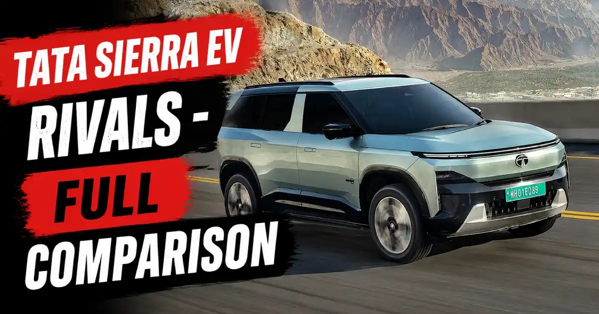 An official launcher banner displaying the teal green midsize SUV design architecture under the Tata Sierra EV Rivals comparison sheet