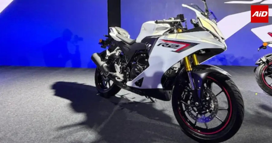 Yamaha YZF-R2 sports bike displayed on stage in a white colour scheme with red and black accents.