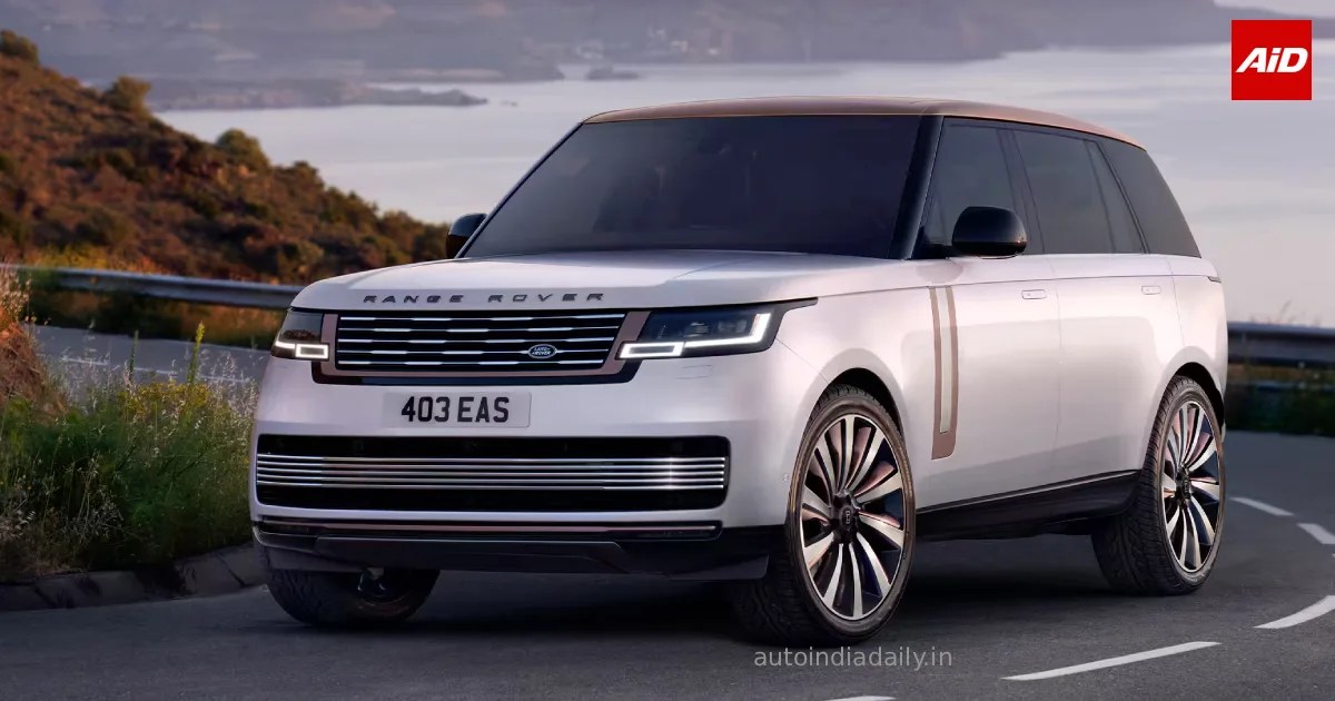 Range Rover Electric luxury SUV shown from the front three-quarter angle on a scenic road, highlighting its premium design and distinctive grille.