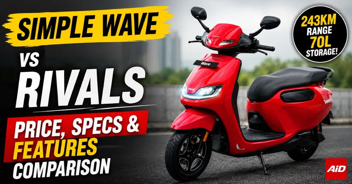 Simple Wave electric scooter featured in a Simple Wave vs Rivals comparison, highlighting its 243km range and 70-litre storage.
