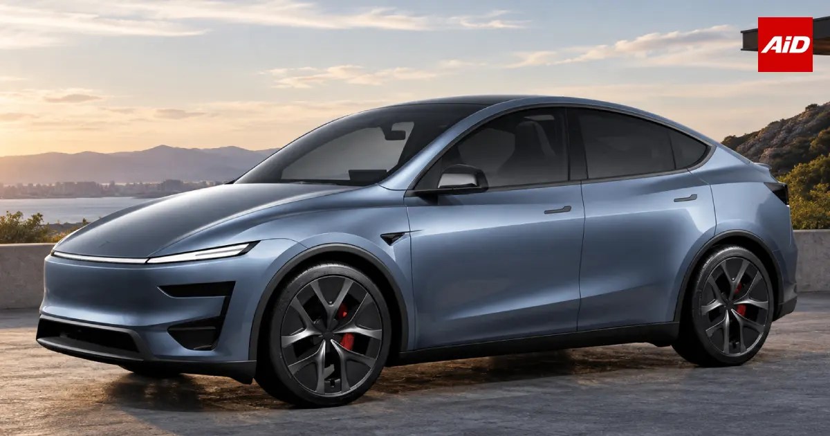 Tesla Model Y Performance electric SUV shown in a metallic blue finish with sporty styling, black panoramic roof, alloy wheels and red brake calipers.