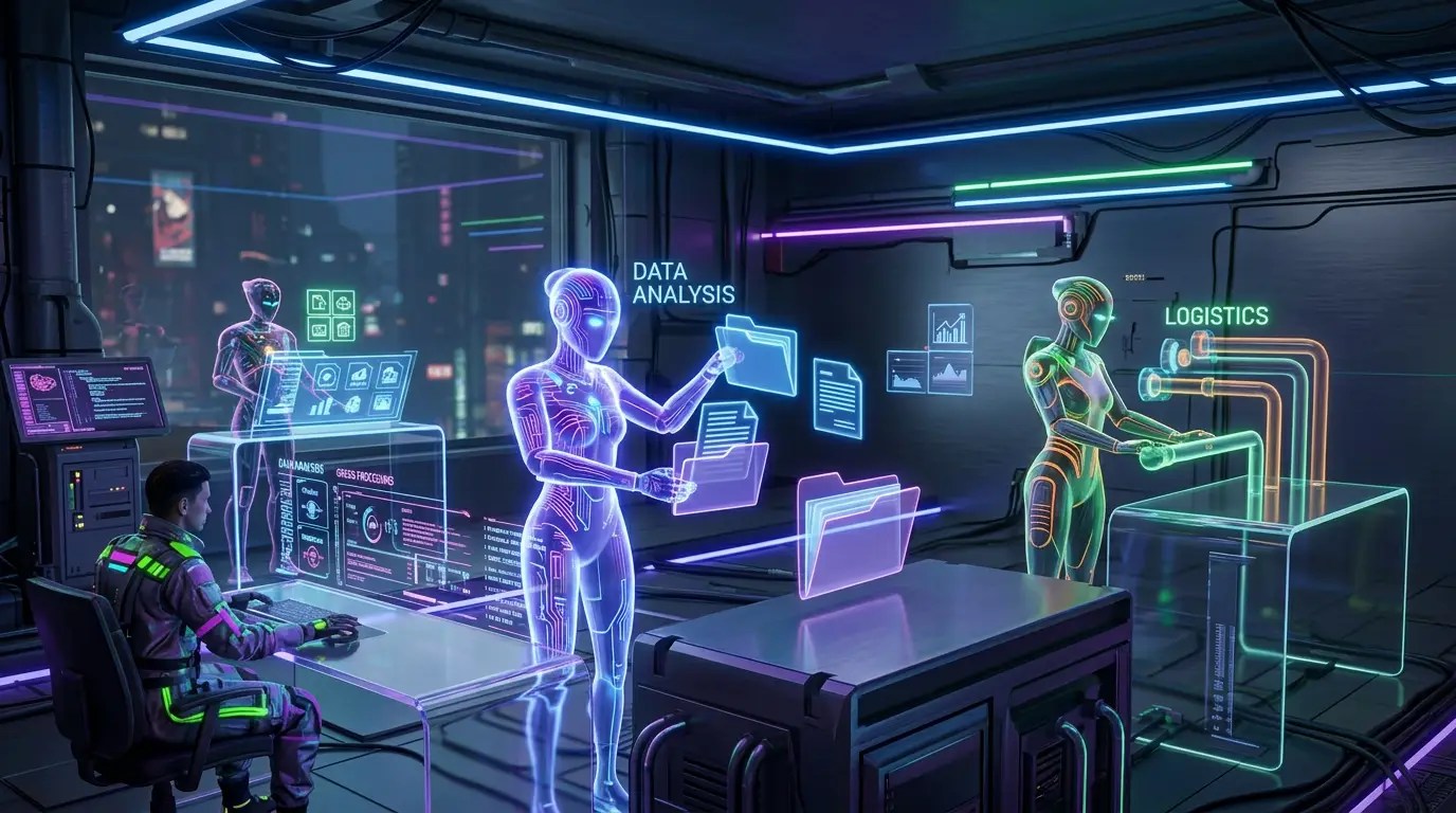 Human operator and holographic robots managing data and logistics systems