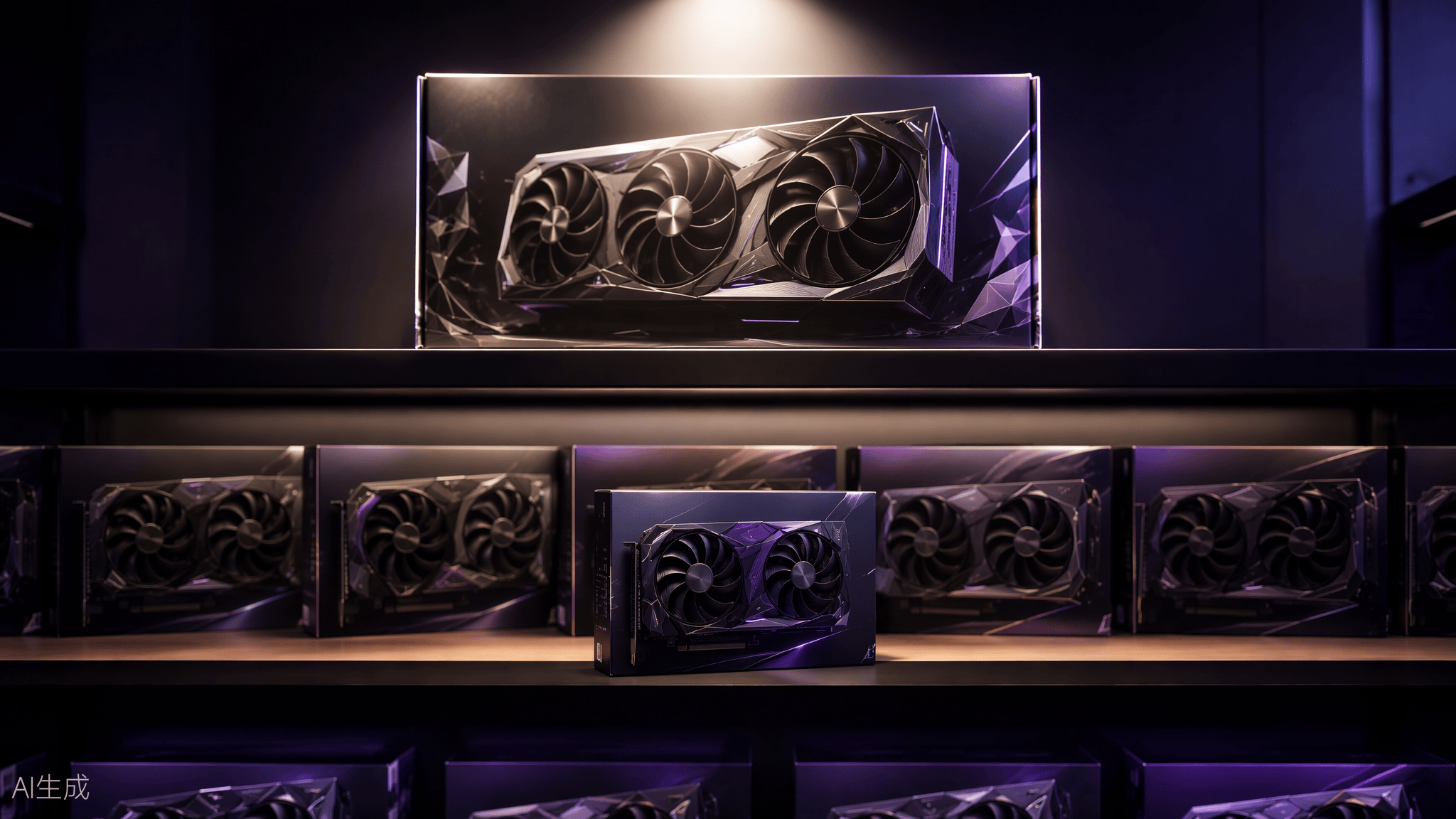 A flagship graphics card glowing under a spotlight on the top shelf of a dim store display, above a row of mid-range cards at eye level
