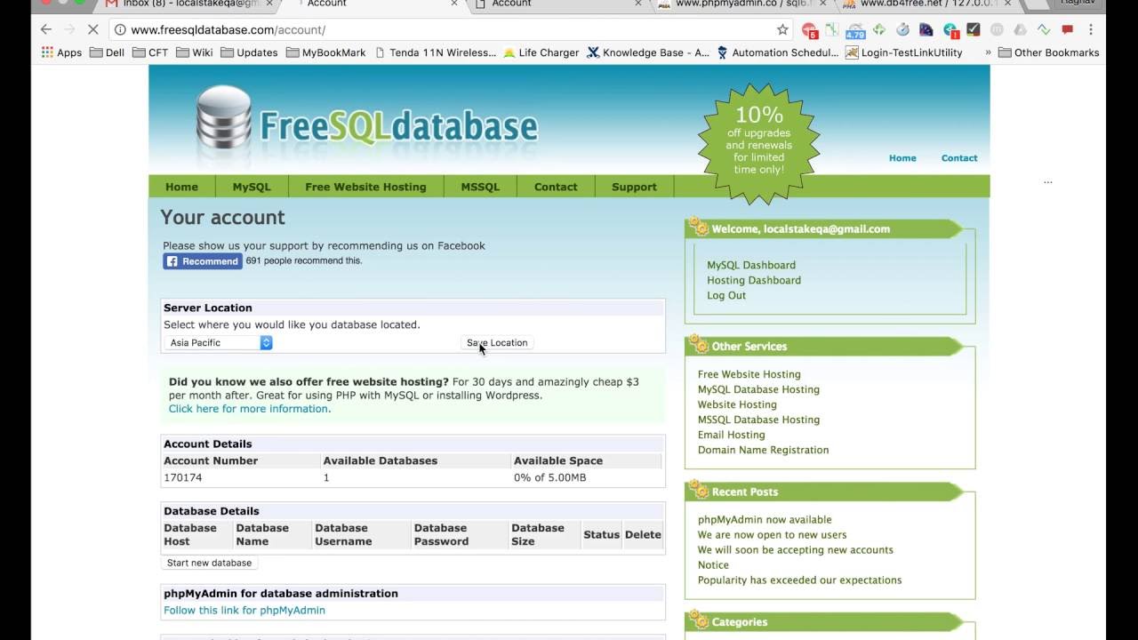 How to create free SQL Database for testing Automation