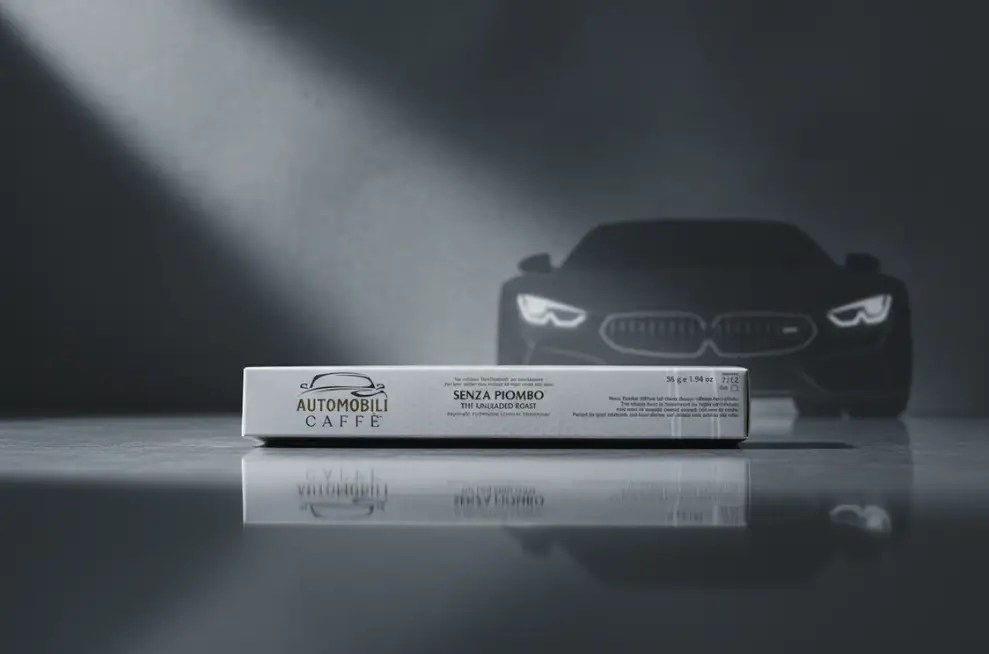 Capsule compatibili con Nespresso Automobili Caffè e Senza Piombo davanti a un'auto moderna