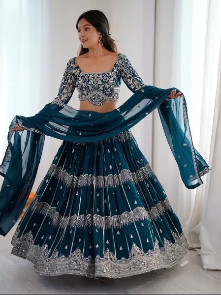 teal embroidered lehenga choli with dupatta
