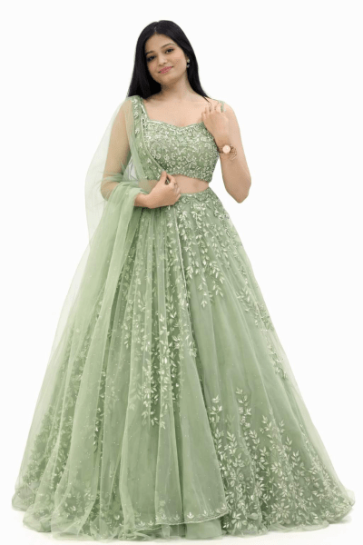 Pista Green Lehenga Soft Butterfly Net Coding Sequence 4.5 Meter Flair