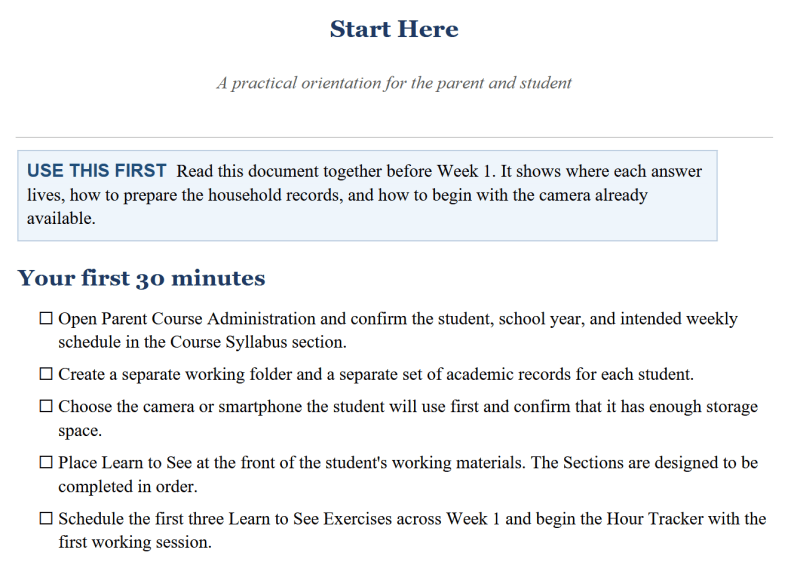 Start Here orientation and first steps for parent and student