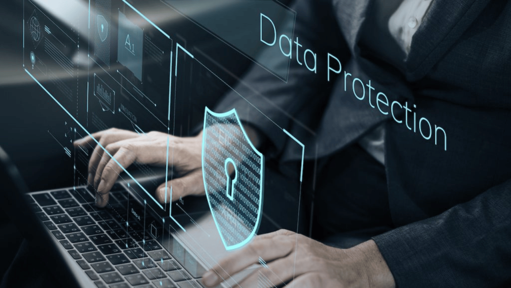 A person in business attire types on a laptop, as digital graphics display a shield with a padlock and "Data Protection," symbolizing strong cybersecurity measures and commitment to data privacy.