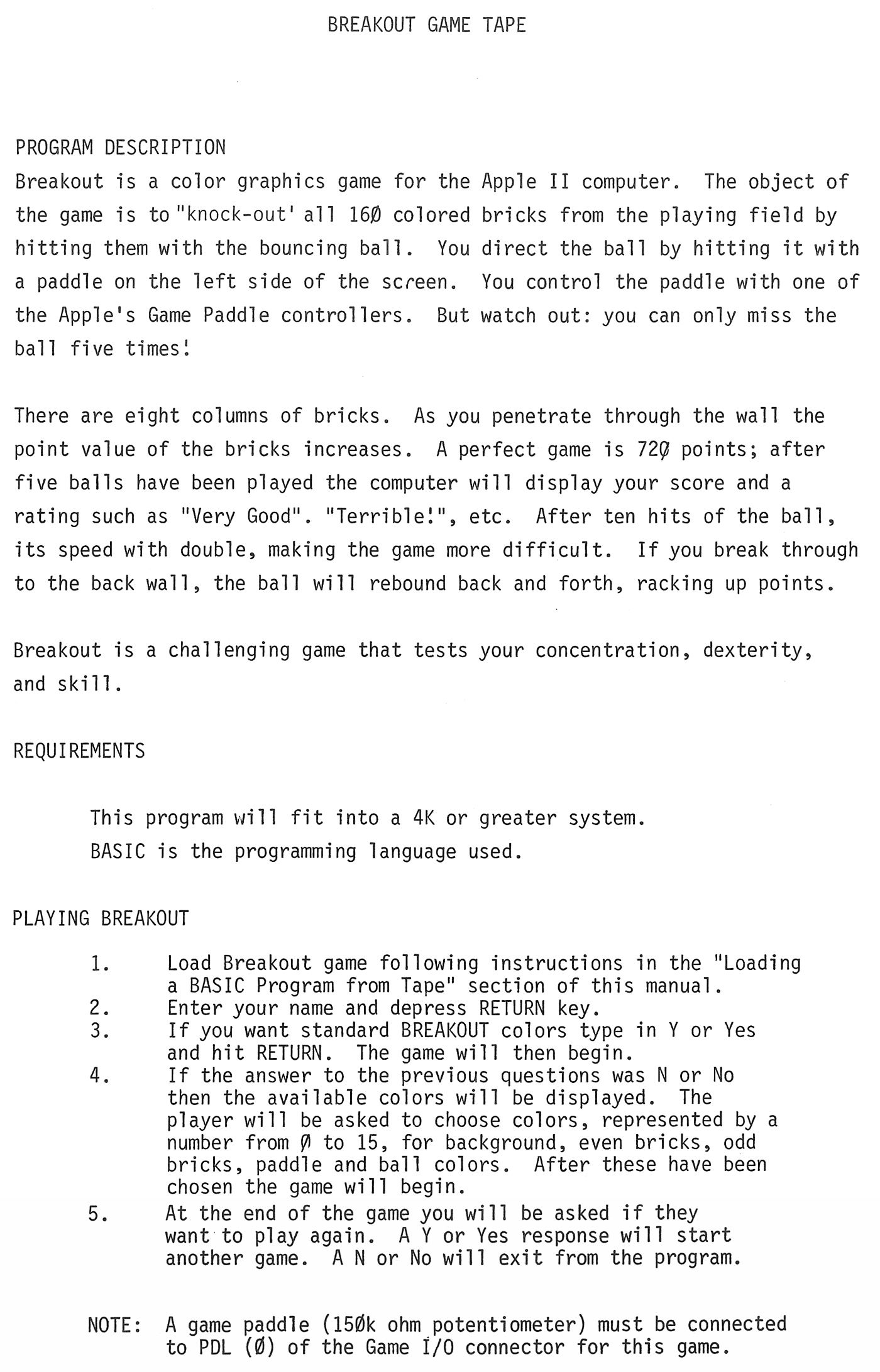 Le code source du jeu Breakout par Steve Wozniak, pour Apple et Apple II