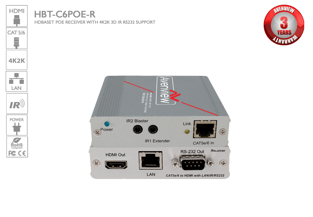 HDBaseT HDMI CAT5/6/7 4K2K 3D IR RS232 LAN Support-POE Receiver -100m