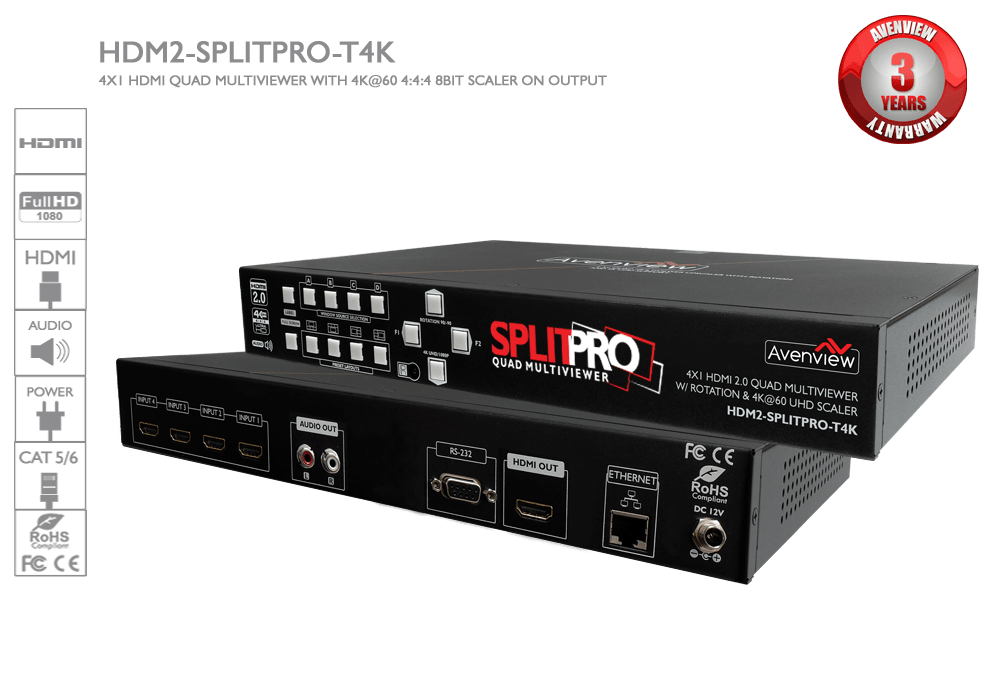 4x1 HDMI 2.0 Quad Multiviewer with 4K@60 UHD Scaler