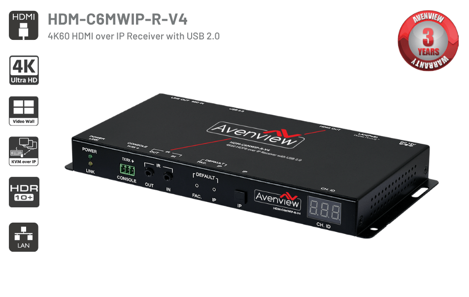 HDM-C6MWIP-R-V4 4K60 HDMI over IP Receiver with USB 2.0