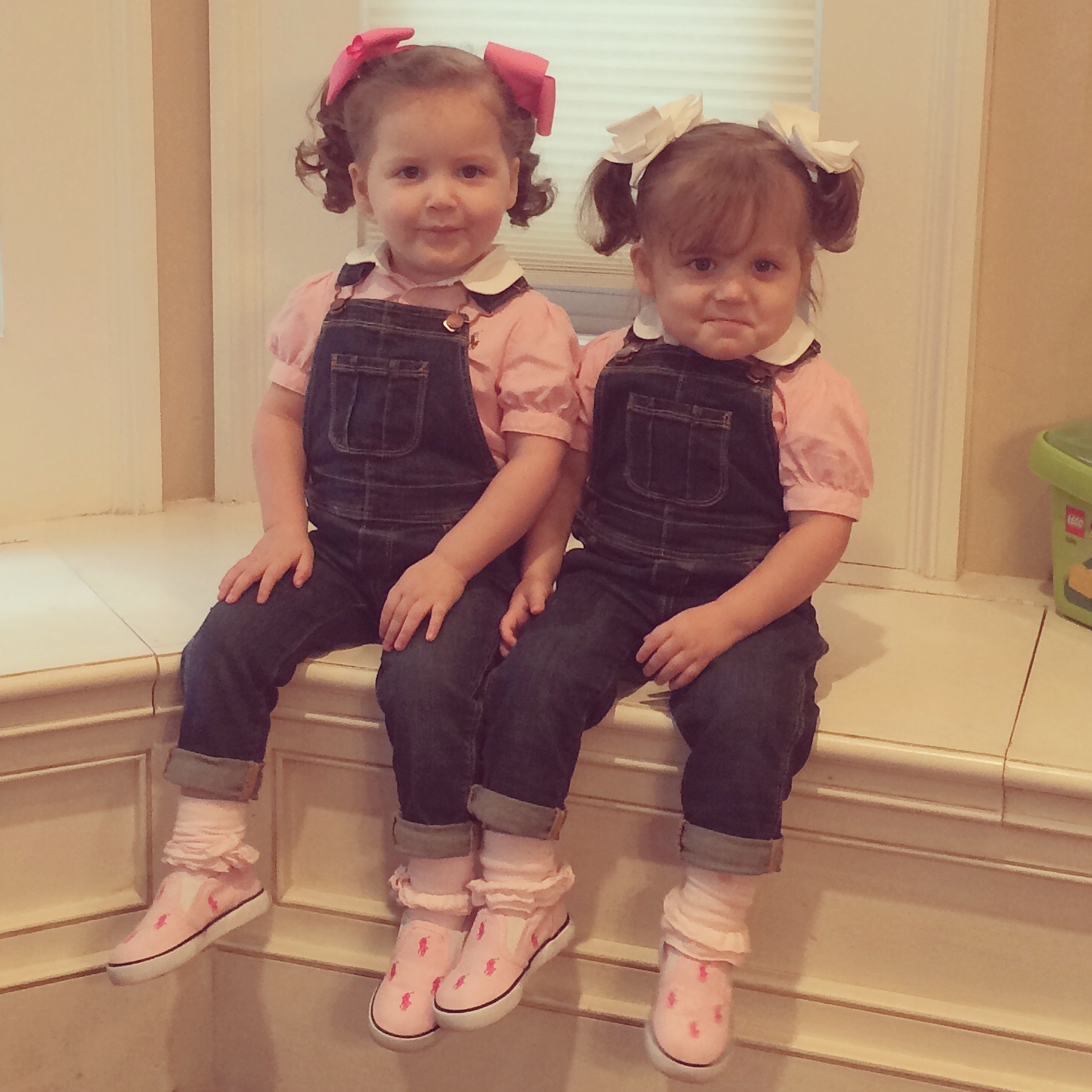Pig tails and overalls.